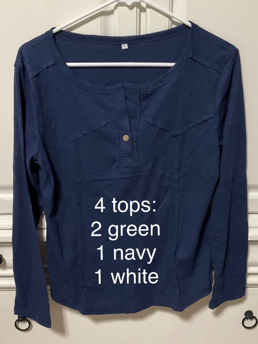 NIP 4 women’s long sleeve ribbed henleys Lg, 1 navy, 2 green, 1 white